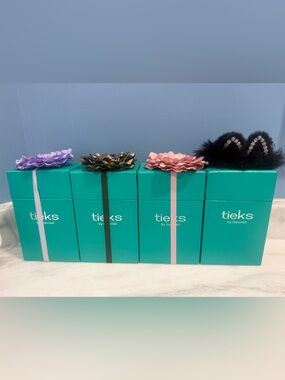 Tieks Turquoise Gift Boxes with Floral and Feather Toppers
